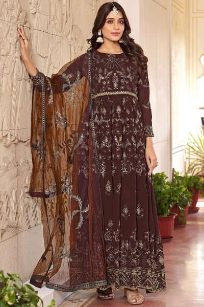 Brown Georgette Embroidered Anarkali Dress
