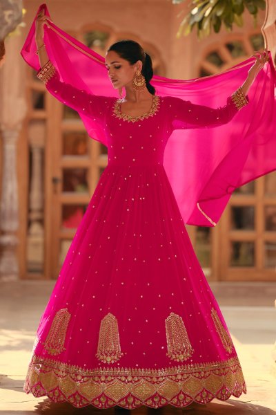 Fuchsia Pink Georgette Embroidered Anarkali Dress