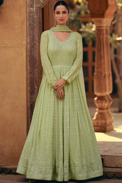 Pastel Green Georgette Embroidered Anarkali Dress