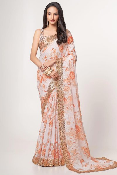Ivory Printed & Embroidered Organza Silk Floral Saree