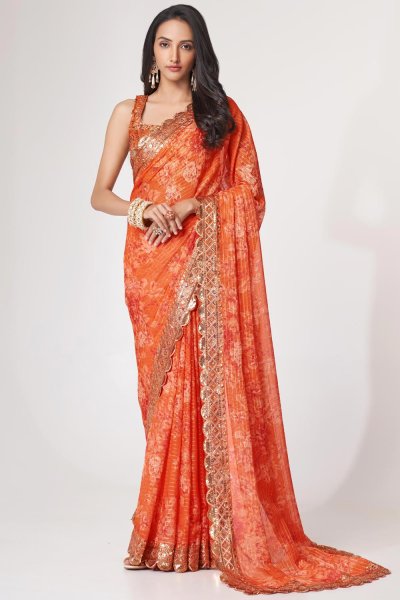 Orange Printed & Embroidered Organza Silk Floral Saree