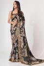 Black Printed & Embroidered Organza Silk Floral Saree