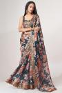 Navy Blue Printed & Embroidered Organza Silk Floral Saree