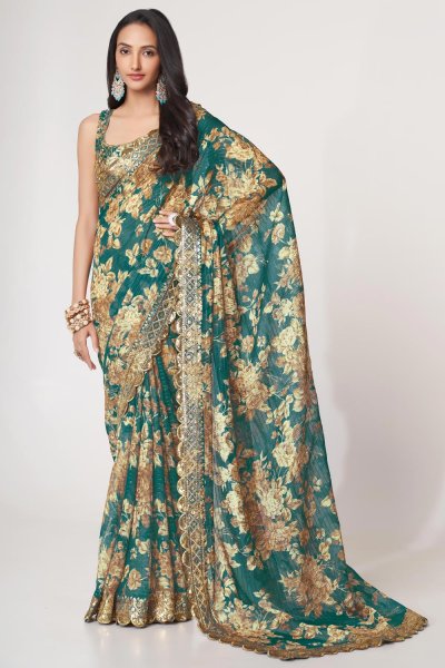 Teal Printed & Embroidered Organza Silk Floral Saree