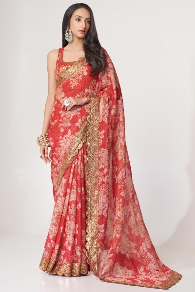 Red Printed & Embroidered Organza Silk Floral Saree