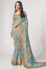Sky Blue Printed & Embroidered Organza Silk Floral Saree
