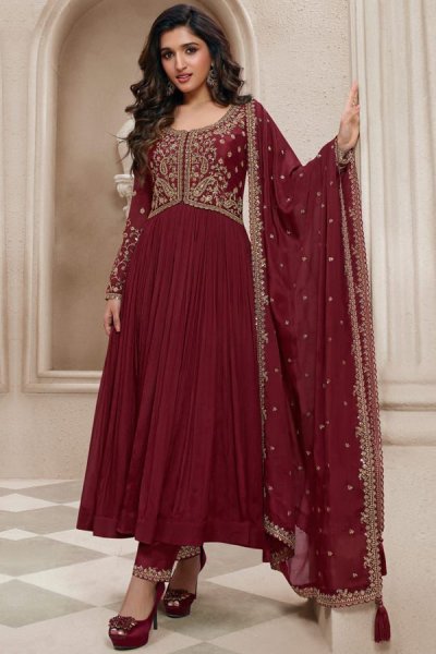 Red Chinon Silk Embroidered Anarkali Suit With Bottom & Dupatta