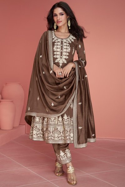 Brown Silk Embroidered Anarkali Style Kurta Set