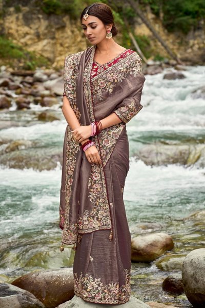 Brown Silk Embroidered Saree