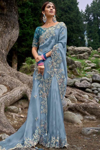 Soft Blue Silk Embroidered Saree
