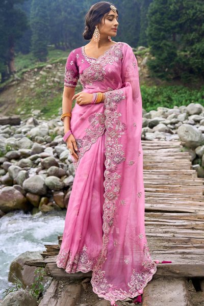 Pink Silk Embroidered Saree