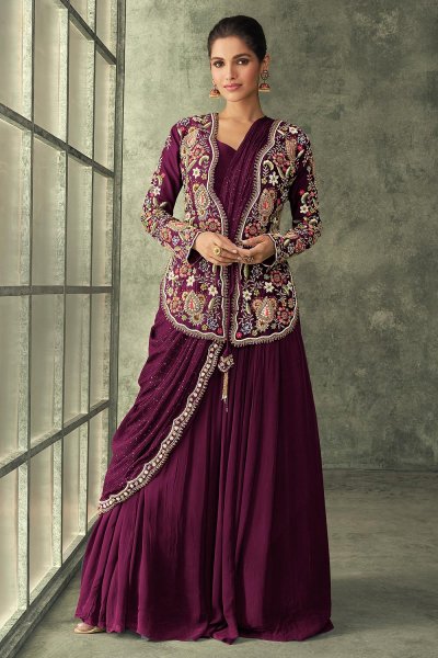 Plum Georgette Saree Style Dress with Embroidered Silk Jacket