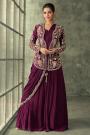 Plum Georgette Saree Style Dress with Embroidered Silk Jacket