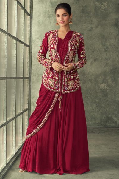 Radiant Red Georgette Saree Style Indo western dress with Embroidered Silk Jacket