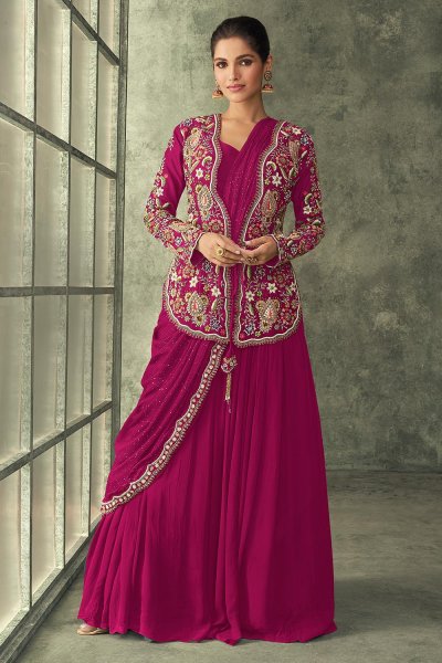 Radiant Pink Saree Style Gown/ Dress with Embroidered Jacket