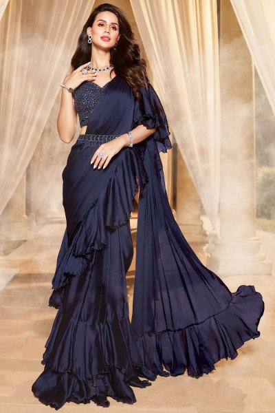 Quick Wear Navy Blue Satin Pre-Draped Indo-Western Saree With Belt