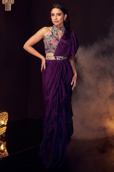 Quick Wear Plum Purple Satin Silk Pre-Draped Indo-Western Saree With Belt