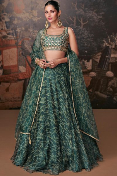 Forest Green Organza Silk Floral & Embroidered Lehenga Set
