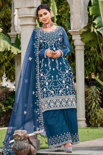 Blue Net Embroidered Suit Set