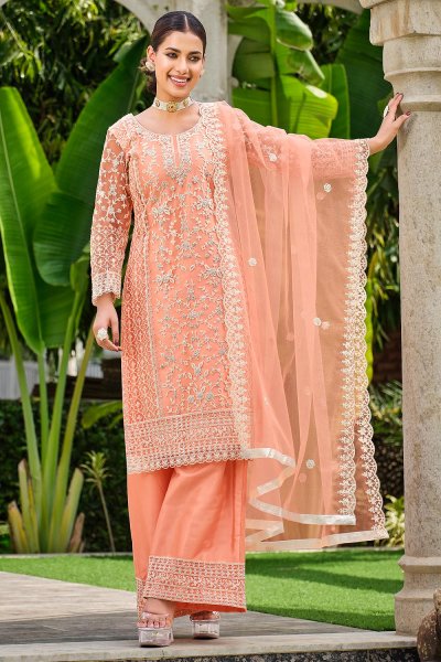 Peach Net Embroidered Suit Set