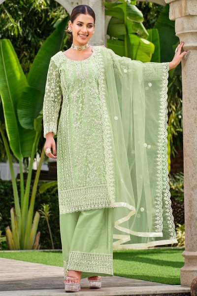 Light Green Net Embroidered Suit Set