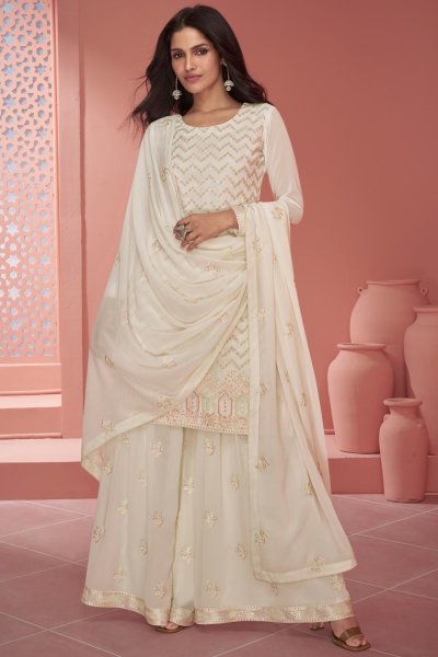 Ivory Georgette Embroidered Sharara Suit