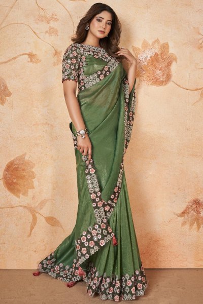 Green Banarasi Crush Silk Embroidered Saree