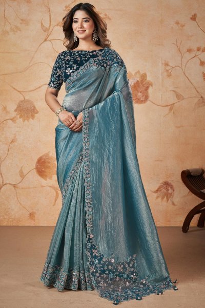 Steel Blue Banarasi Crush Silk Embroidered Saree