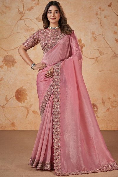 Blush Pink Banarasi Crush Silk Embroidered Saree