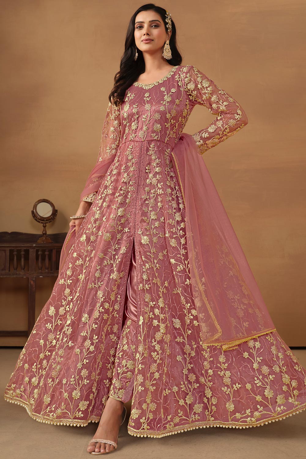Blush Pink Traditional Embroidery Wedding Anarkali Suit