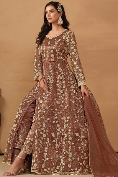 Brown Net Embroidered Anarkali Suit