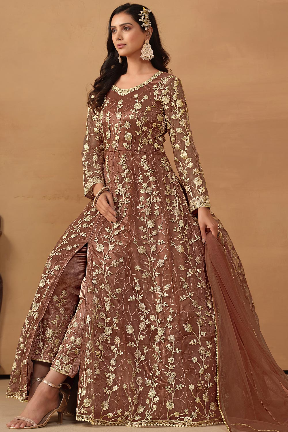 Light Grey Anarkali style Suit Butterfly Net