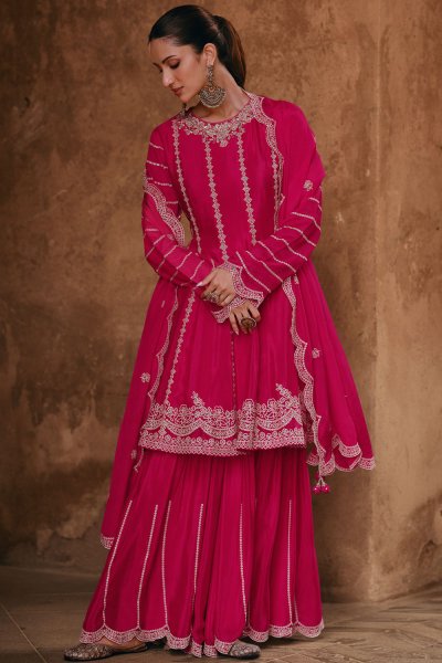 Hot Pink Chinon Silk Embroidered Sharara Kurta Set