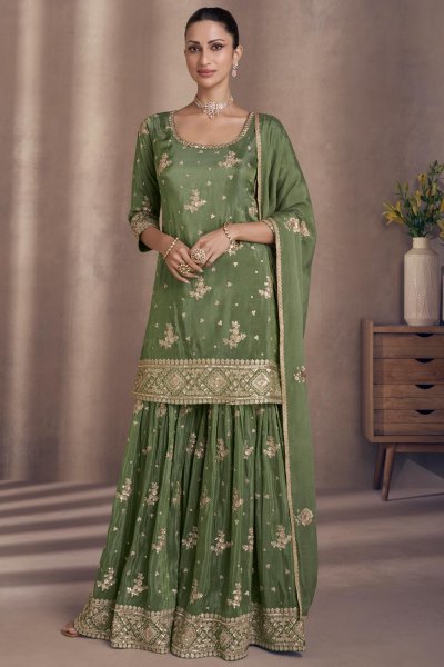 Fern Green Chinon Silk Embroidered Sharara Kurta Set