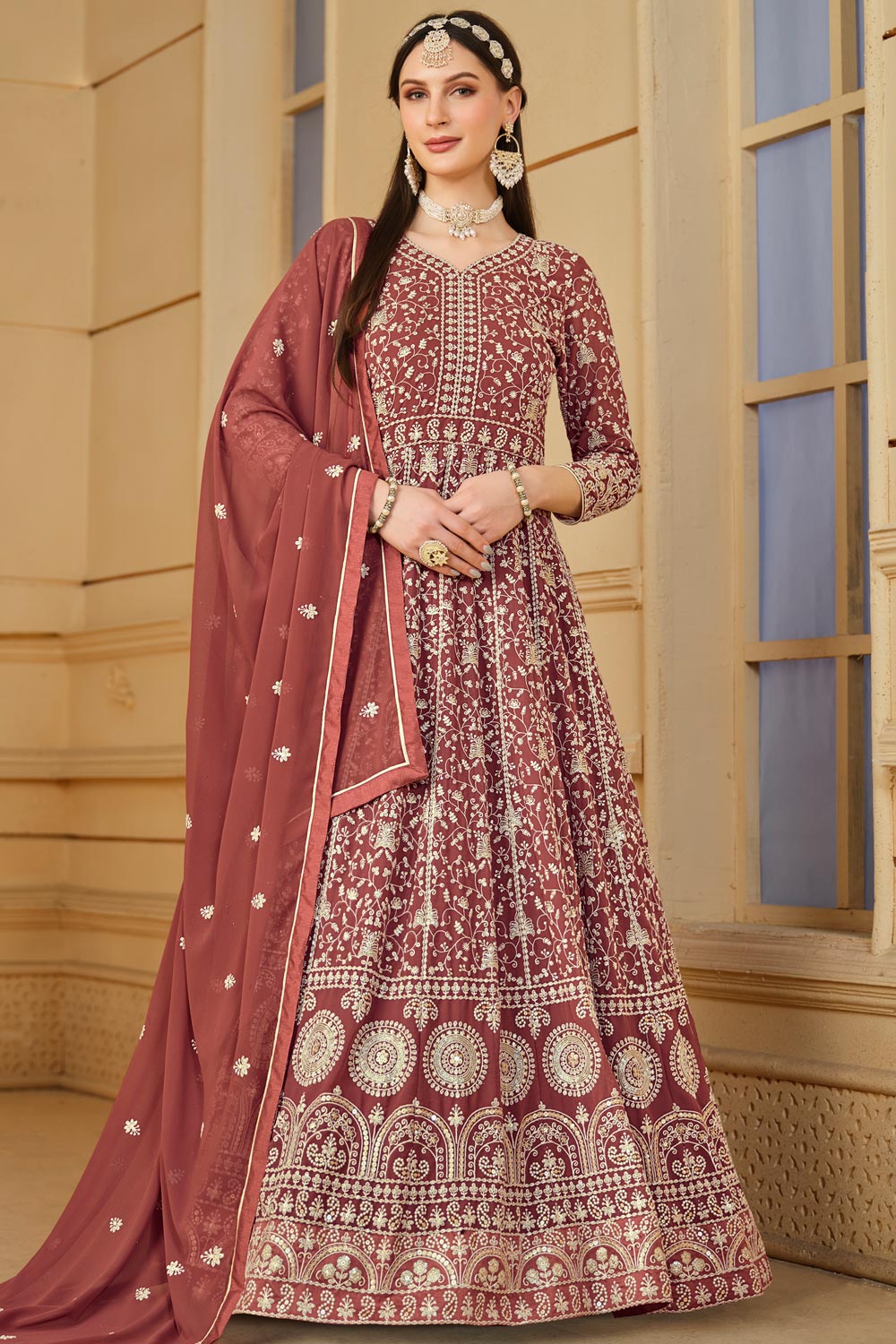 Enchanting Brown Net Embroidered Designer Anarkali Suit