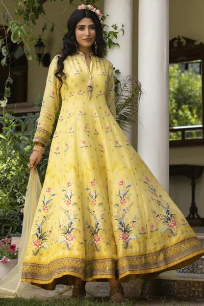 Yellow  Silk Printed & Embroidered Anarkali Dress With Dupatta