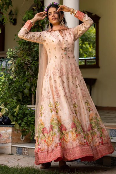 Peach Silk Printed & Embroidered Anarkali Dress With Dupatta