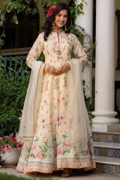 Ivory Jacquard Silk Printed & Embroidered Anarkali Dress With Dupatta