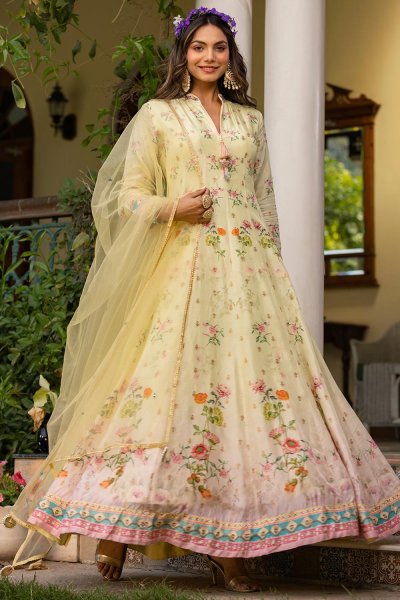 Lemon Yellow & Pink Silk Printed & Embroidered Anarkali Dress With Dupatta