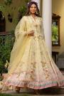 Lemon Yellow & Pink Silk Printed & Embroidered Anarkali Dress With Dupatta