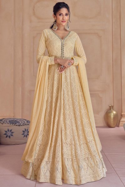 Pale Yellow Gold  Georgette Embroidered Front Slit Anarkali Suit
