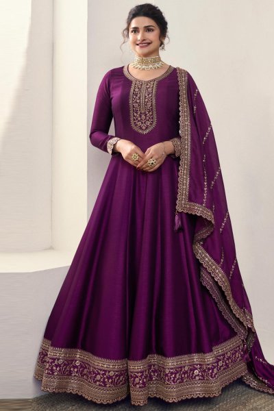 Plum Purple Silk Georgette Embroidered Anarkali Suit