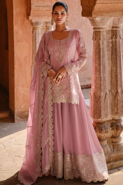 Light Pink Georgette Embroidered Short Kurta Set With Wide Flared Palazzo