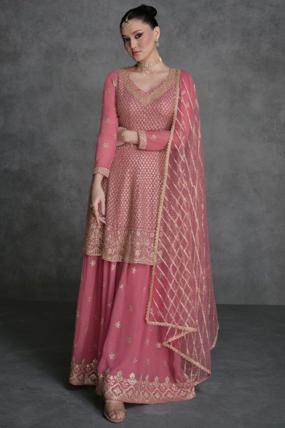 Blush Pink Georgette Embroidered Sharara Kurta Set