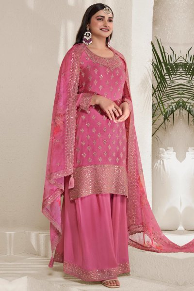 Pink Chinon Silk Embroidered Sharara Kurta Set