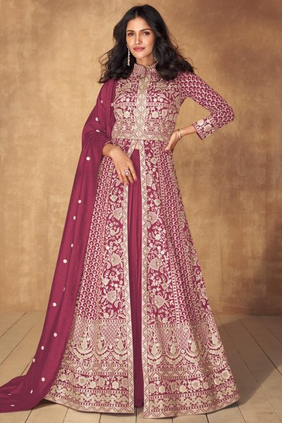 Maroon-Pink Silk Embroidered Anarkali Dress With Skirt