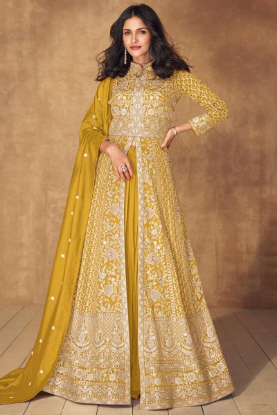 Mustard Silk Embroidered Anarkali Dress With Skirt