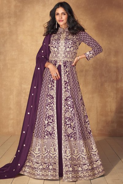 Plum Purple Silk Embroidered Anarkali Dress With Skirt