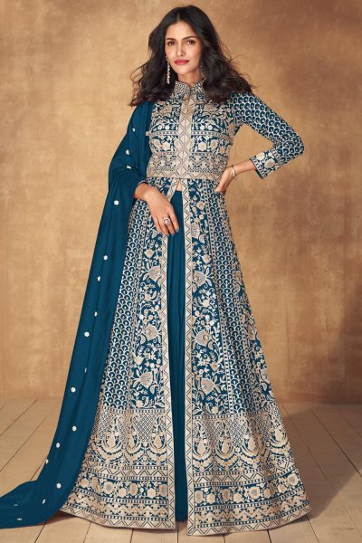 Prussian Blue Silk Embroidered Anarkali Dress With Skirt