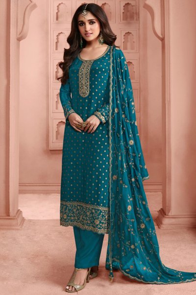 Deep Turquoise Jacquard Silk Embroidered kurta Set